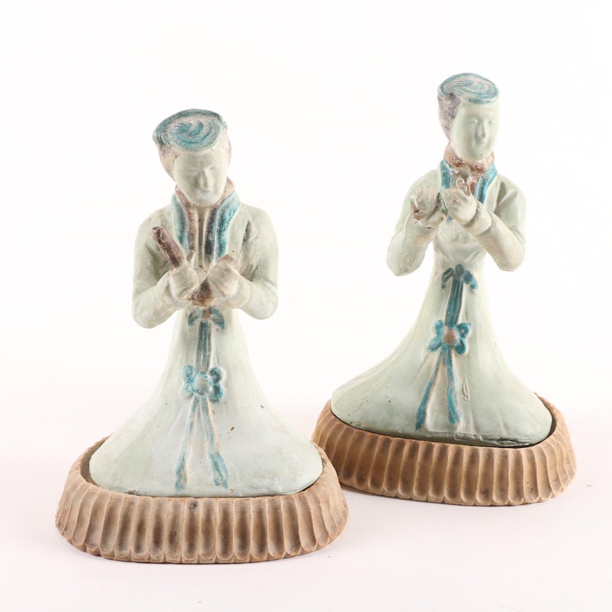 Vintage Hand-Painted Female Plaster Figurines with Bases