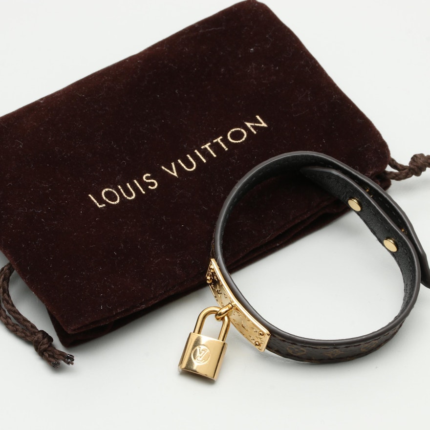 Louis Vuitton "Lock Me" Gold Tone and Leather Bracelet