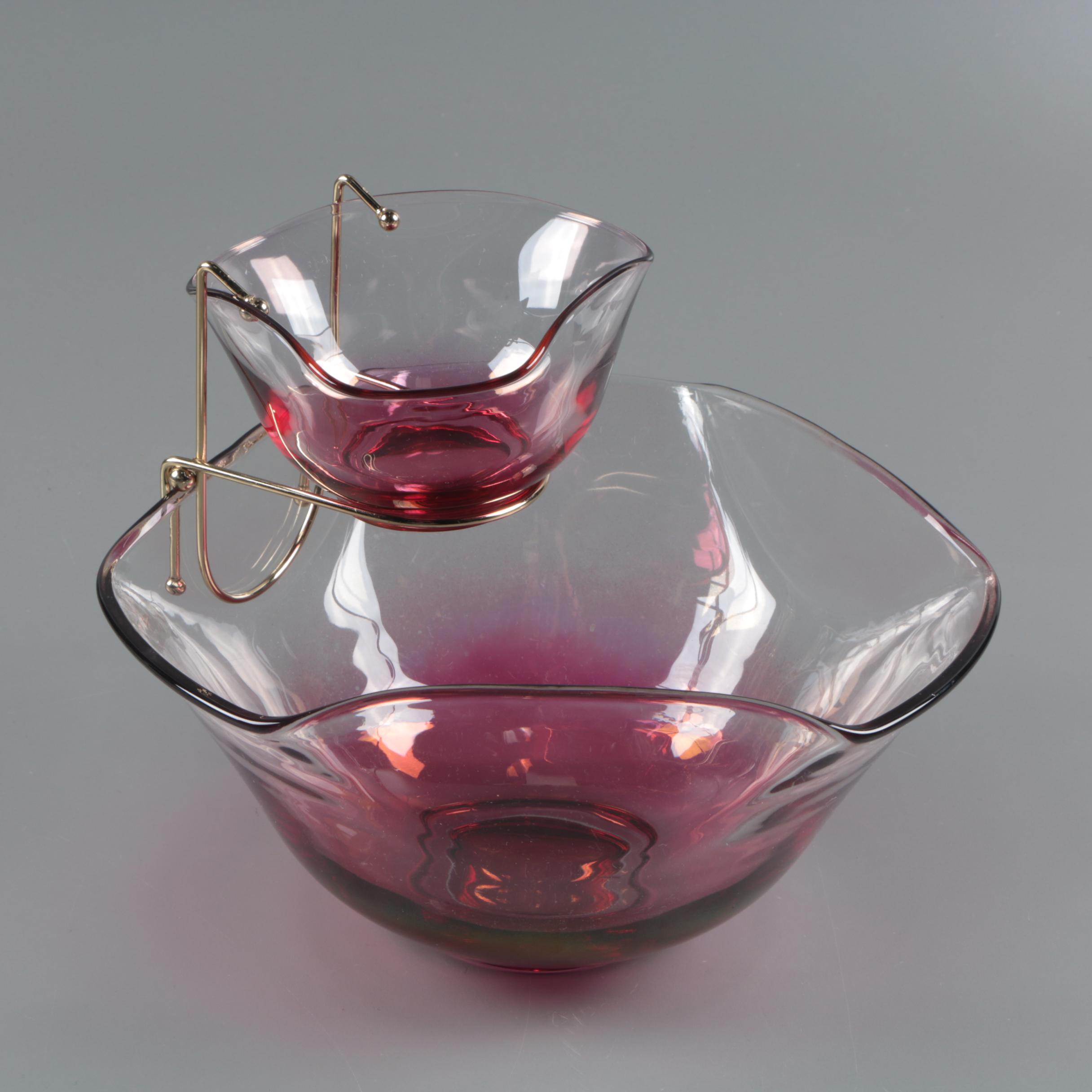 Mid-Century Indiana Glass Cranberry Flash Chip and Dip Server