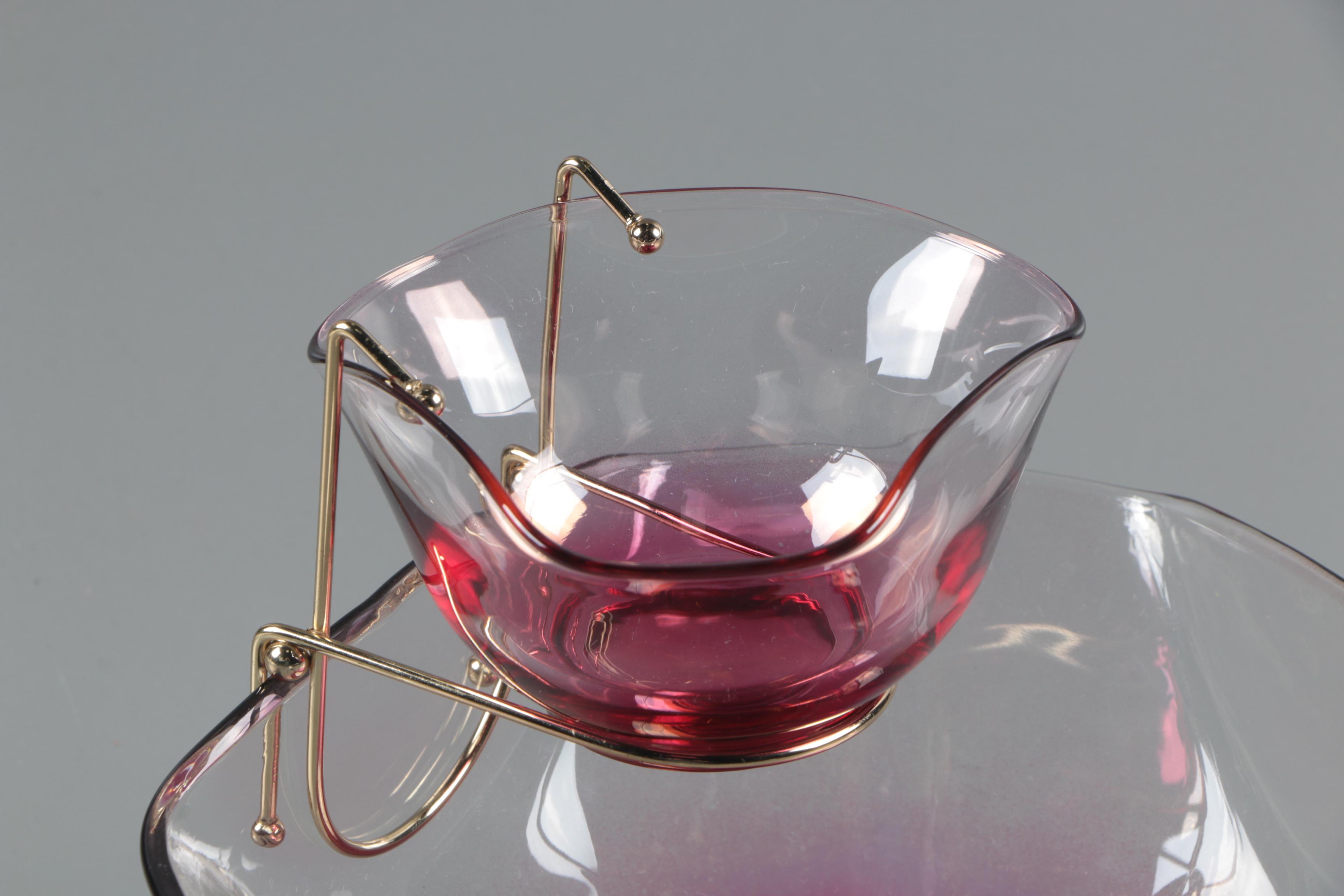 Mid-Century Indiana Glass Cranberry Flash Chip and Dip Server