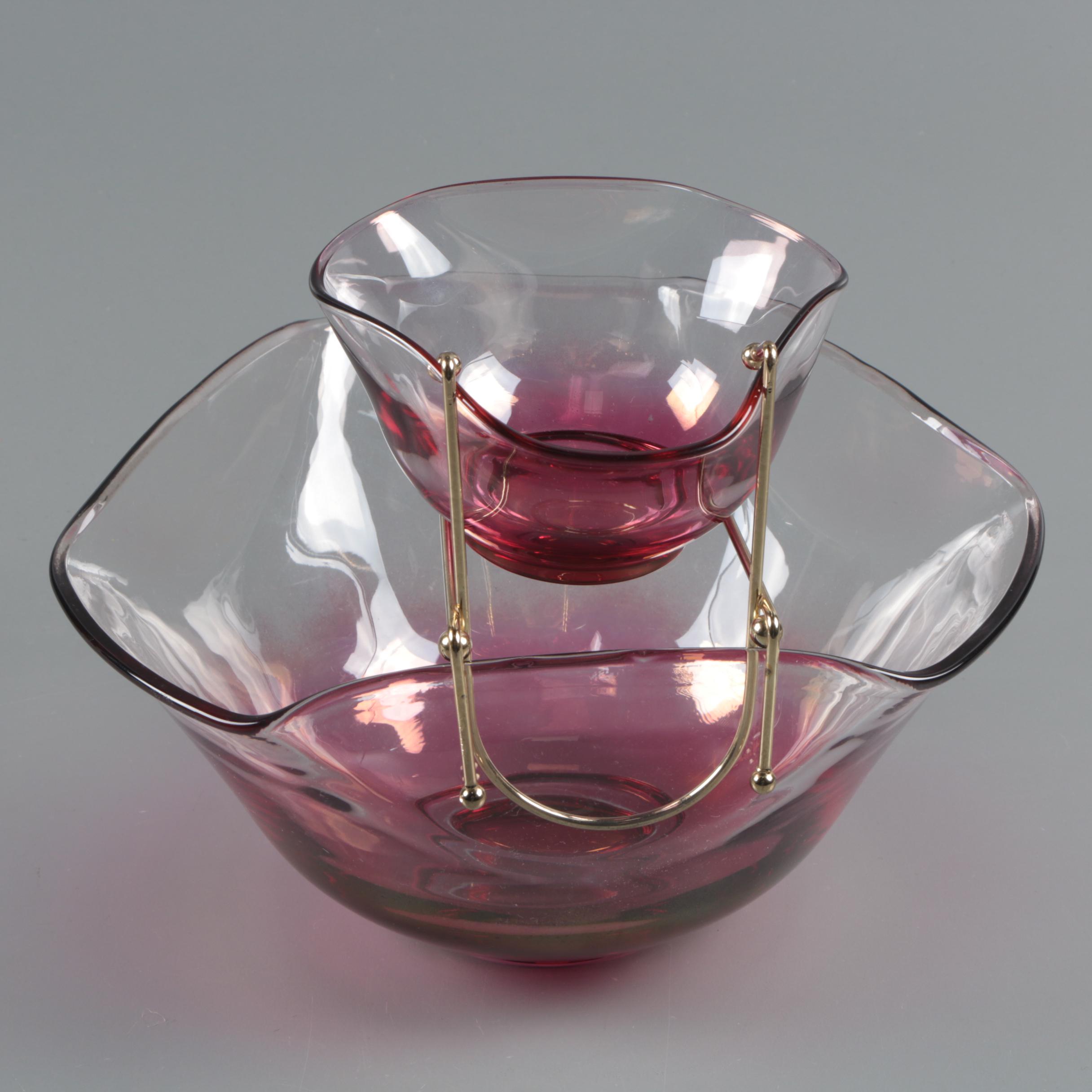 Mid-Century Indiana Glass Cranberry Flash Chip and Dip Server