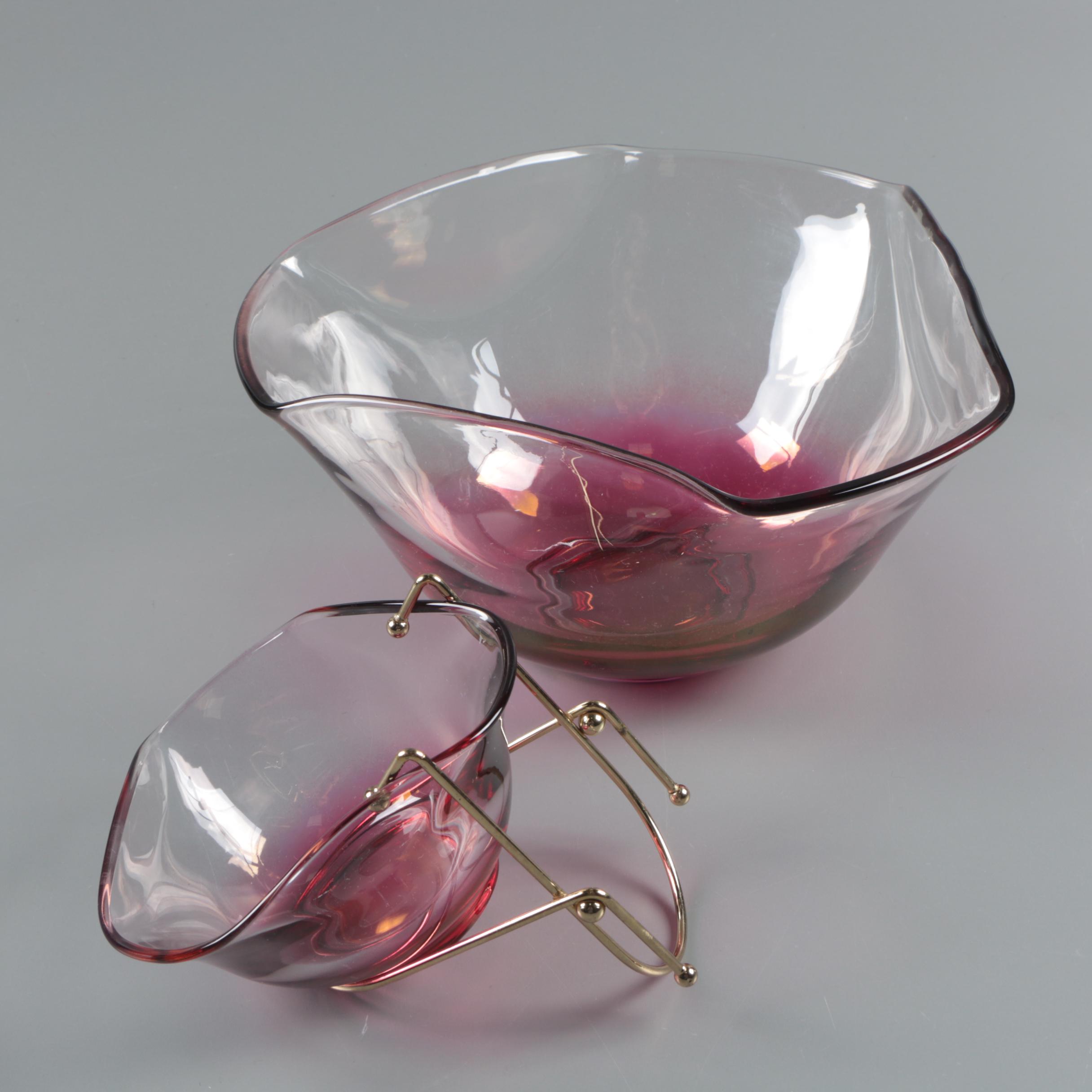 Mid-Century Indiana Glass Cranberry Flash Chip and Dip Server