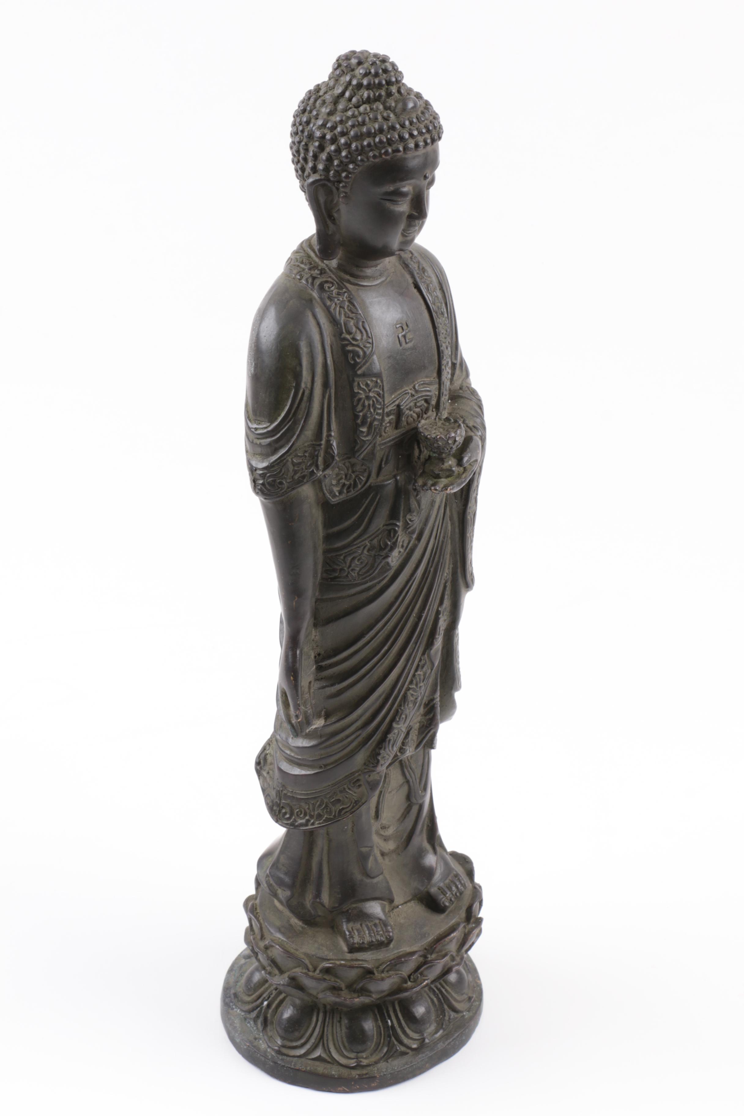 Antique Qing Dynasty Chinese Standing Buddha Bronze Statue