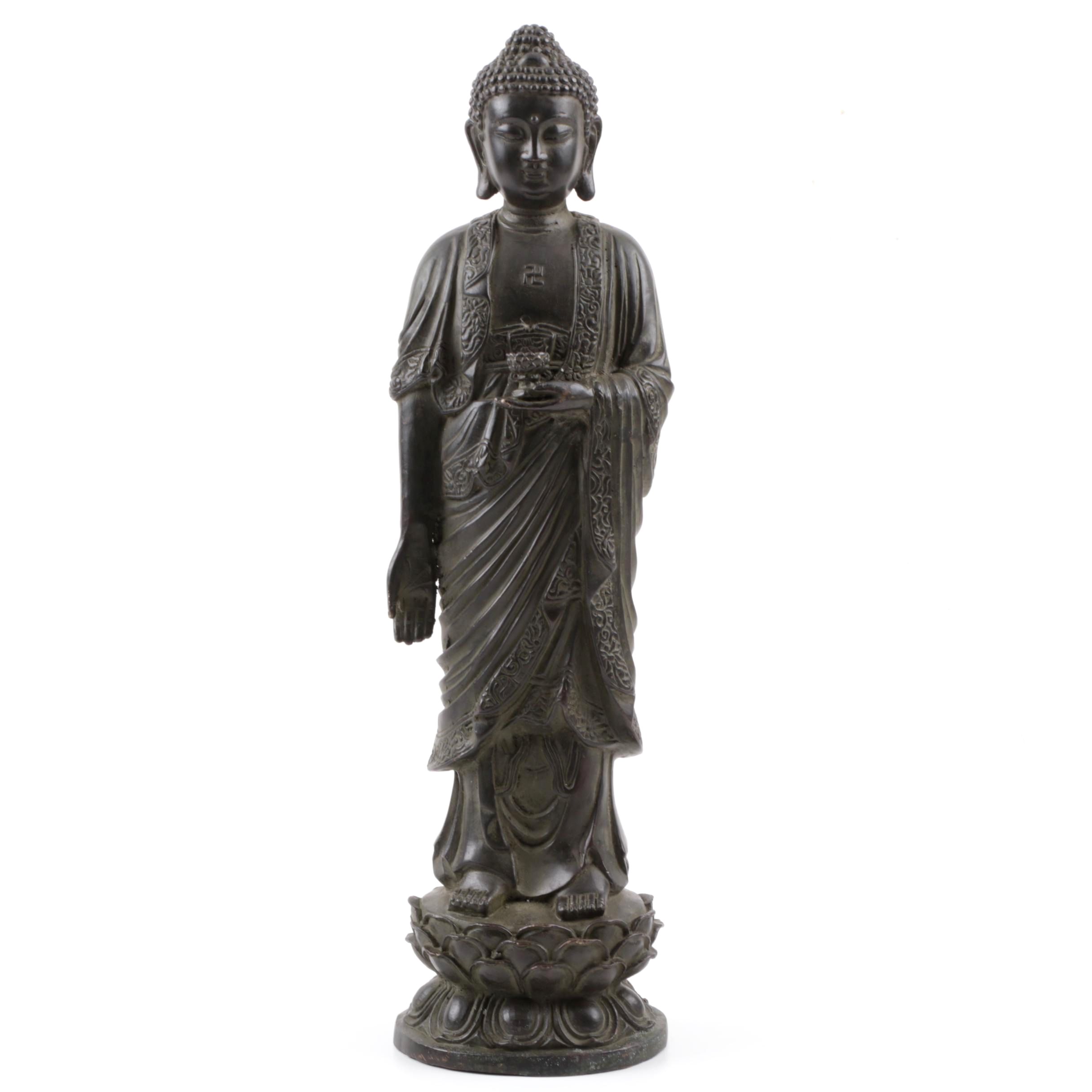 Antique Qing Dynasty Chinese Standing Buddha Bronze Statue