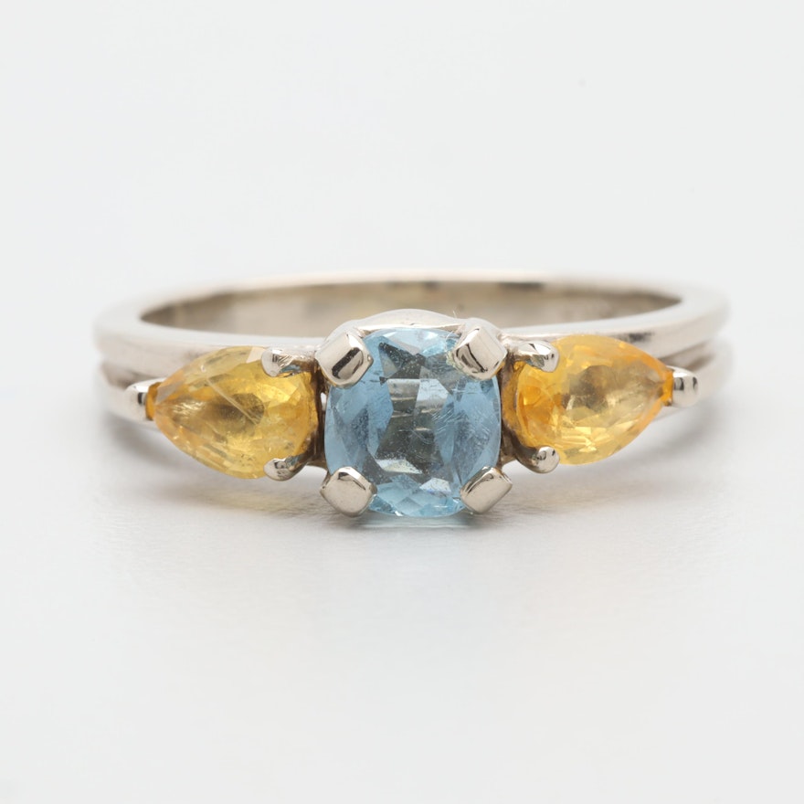 14K White Gold Aquamarine and Yellow Sapphire Ring