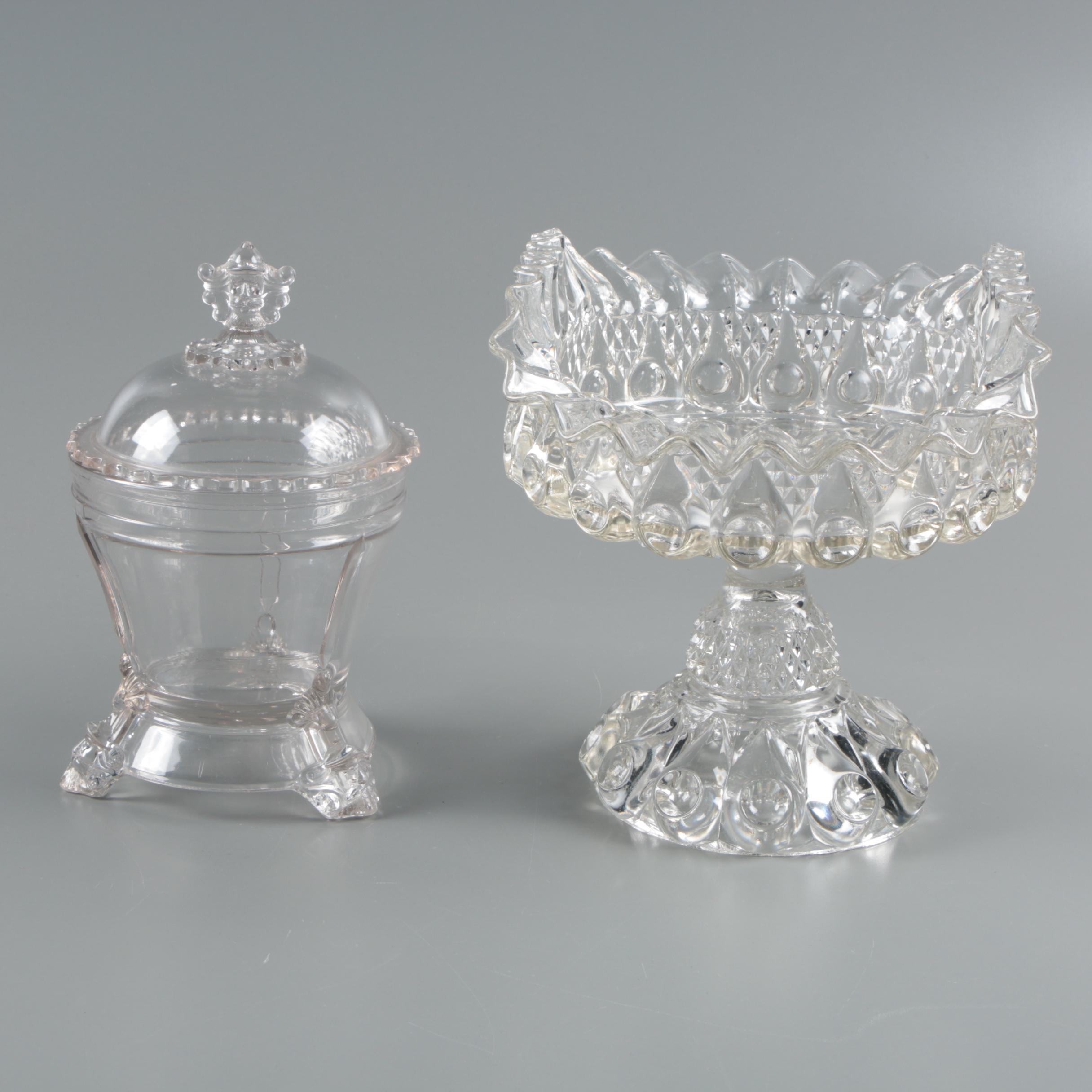 Antique EAPG Hobbs Brockunier Covered Compote with Ruffled Glass Console Bowl