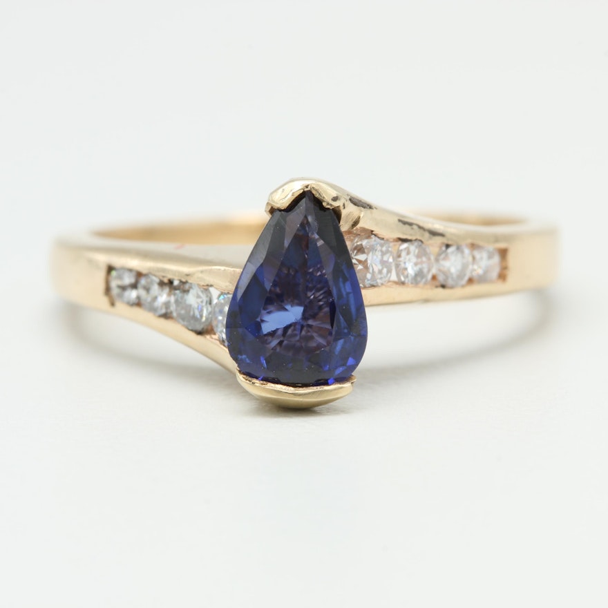 14K Yellow Gold Synthetic Blue Sapphire and Diamond Ring