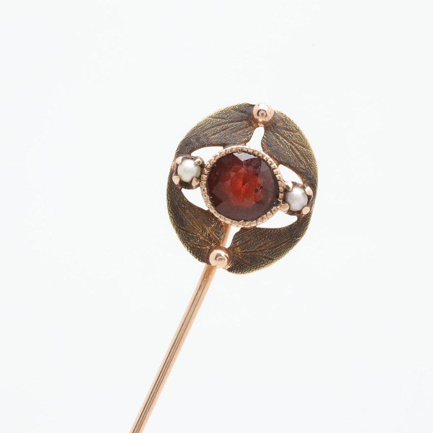 Antique 10K Yellow Gold Garnet and Seed Pearl Stick Pin