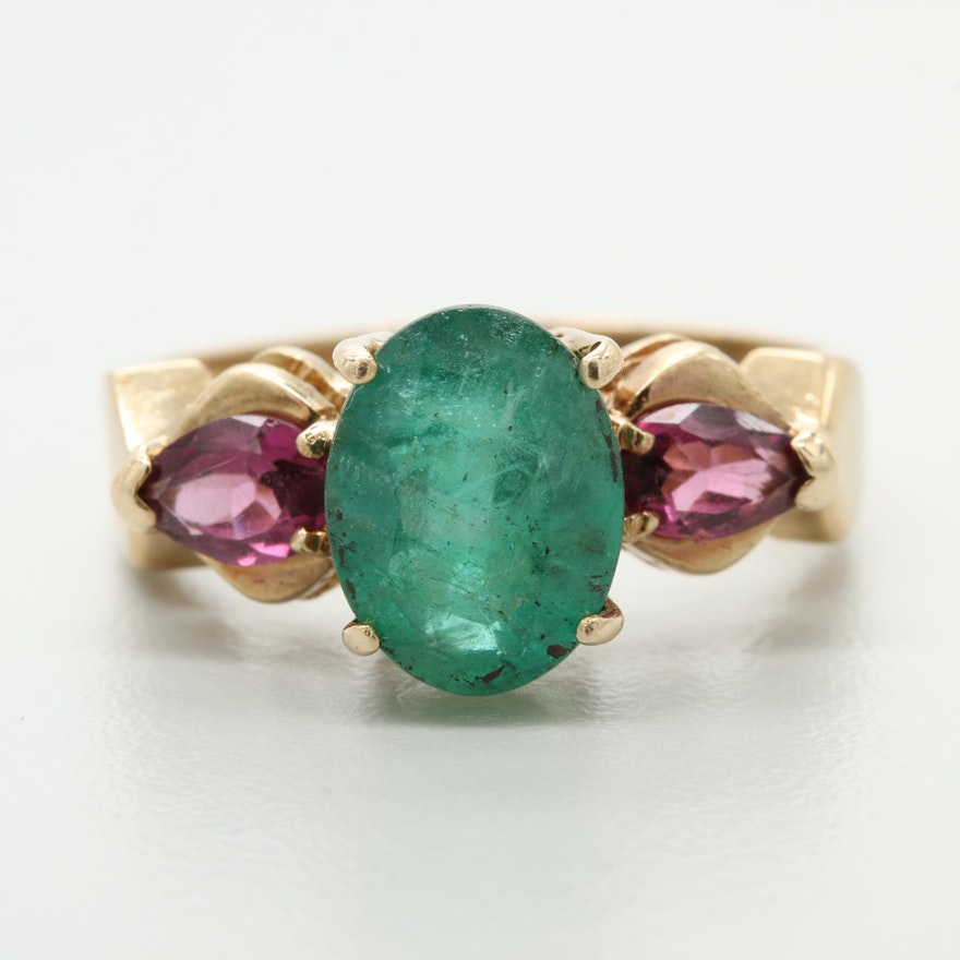 14K Yellow Gold Emerald and Rhodolite Garnet Ring