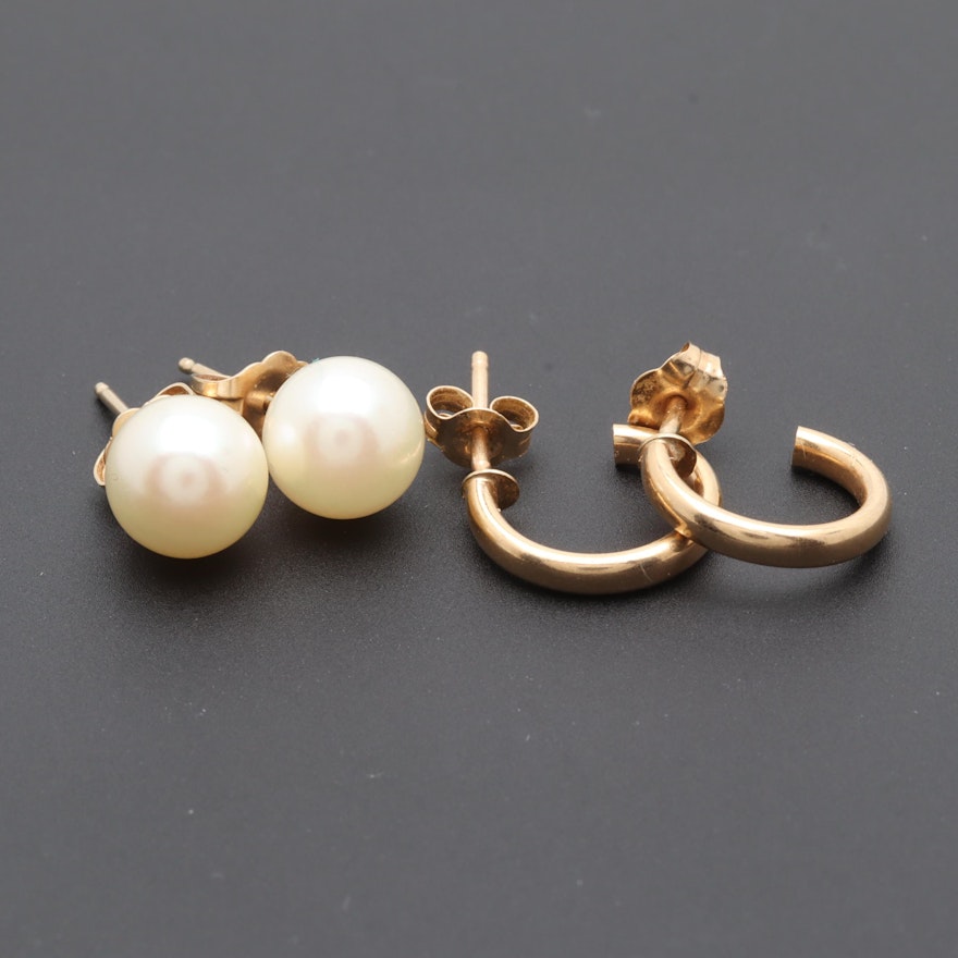 Two Pair of 14K Yellow Gold Cultured Pearl Earrings