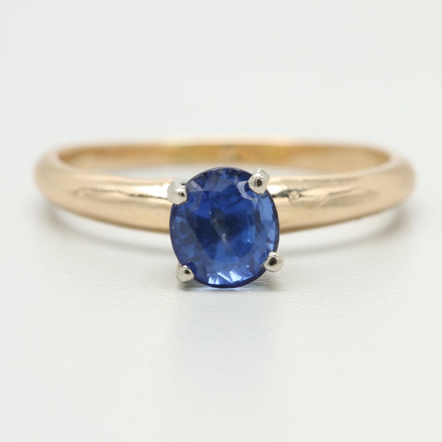 14K Yellow Gold Blue Sapphire Solitaire Ring with White Gold Accents