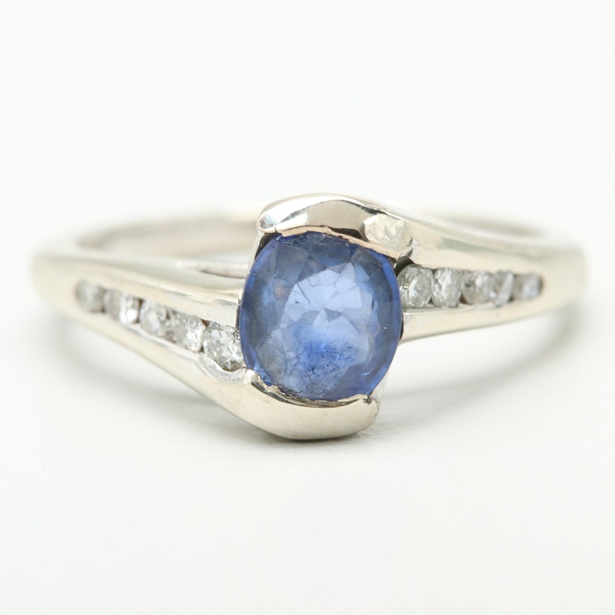 14K White Gold Blue Sapphire and Diamond Ring