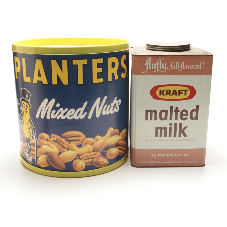 Planters Mixed Nuts Display with Kraft 25 Pound Malted Milk Tin