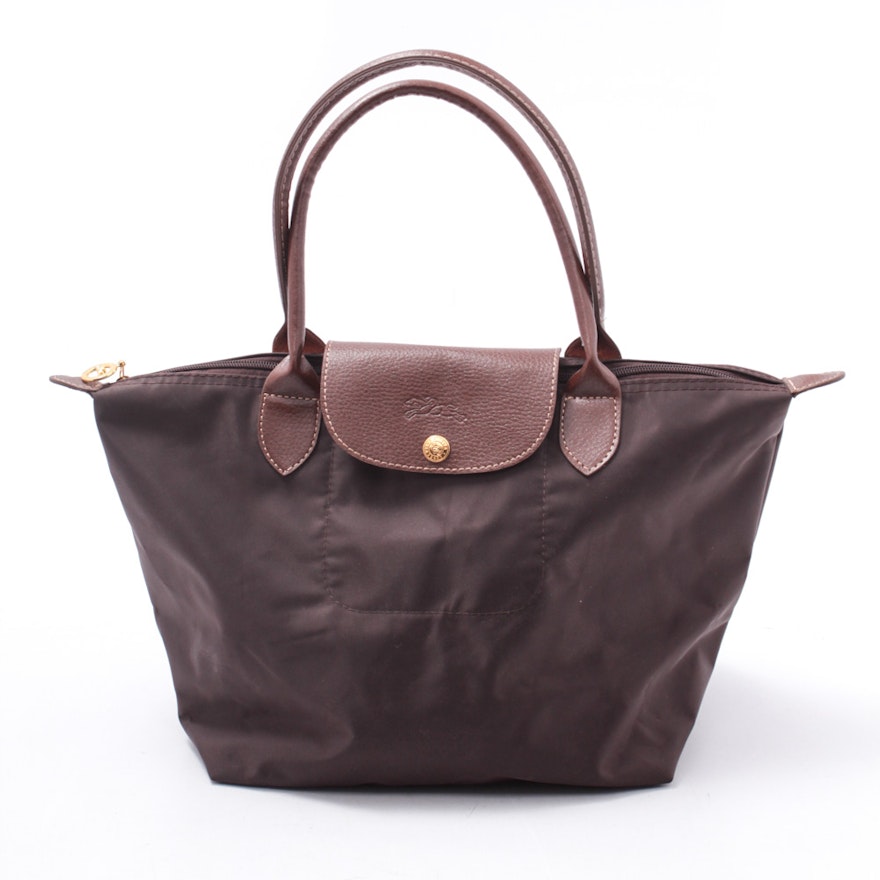 Longchamp Le Pliage Brown Leather and Nylon Tote Bag
