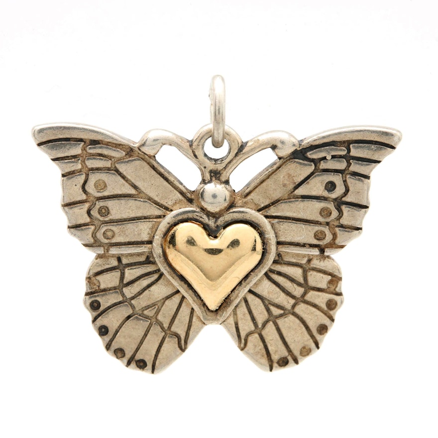 Sterling Silver Butterfly Pendant with a Heart of 14K Yellow Gold