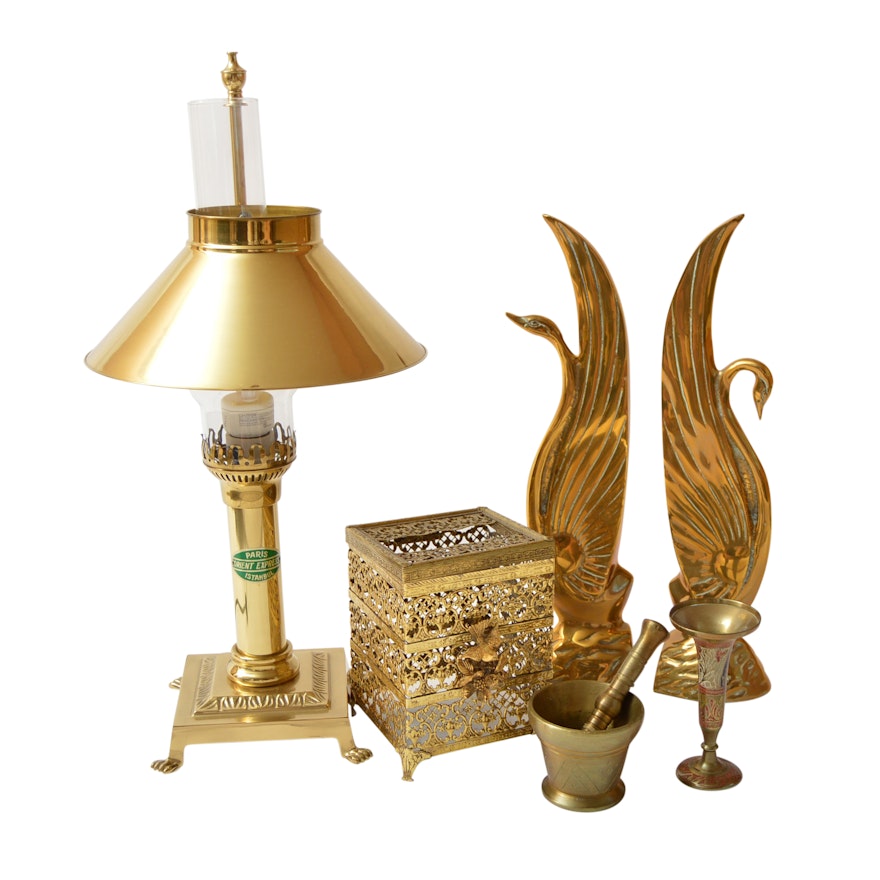 Brass Selection with Bookends, Orient Express Lamp and Decor