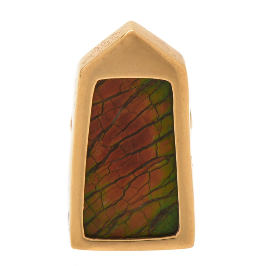 18K Yellow Gold  and Ammolite Converter Brooch with 14K Yellow Gold Back