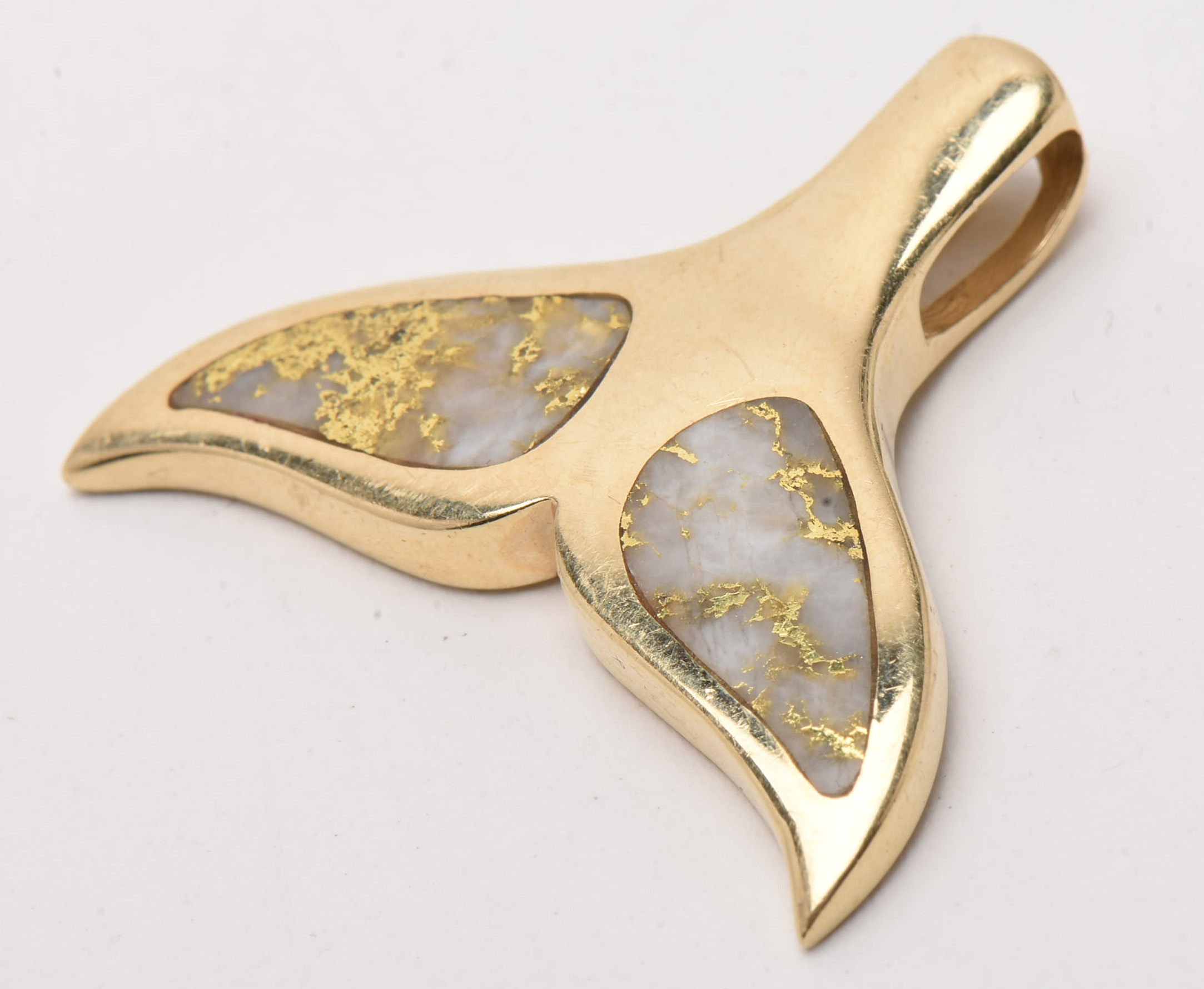 14K Yellow Gold Whale Tail Pendant with Gold Quartz Inlay