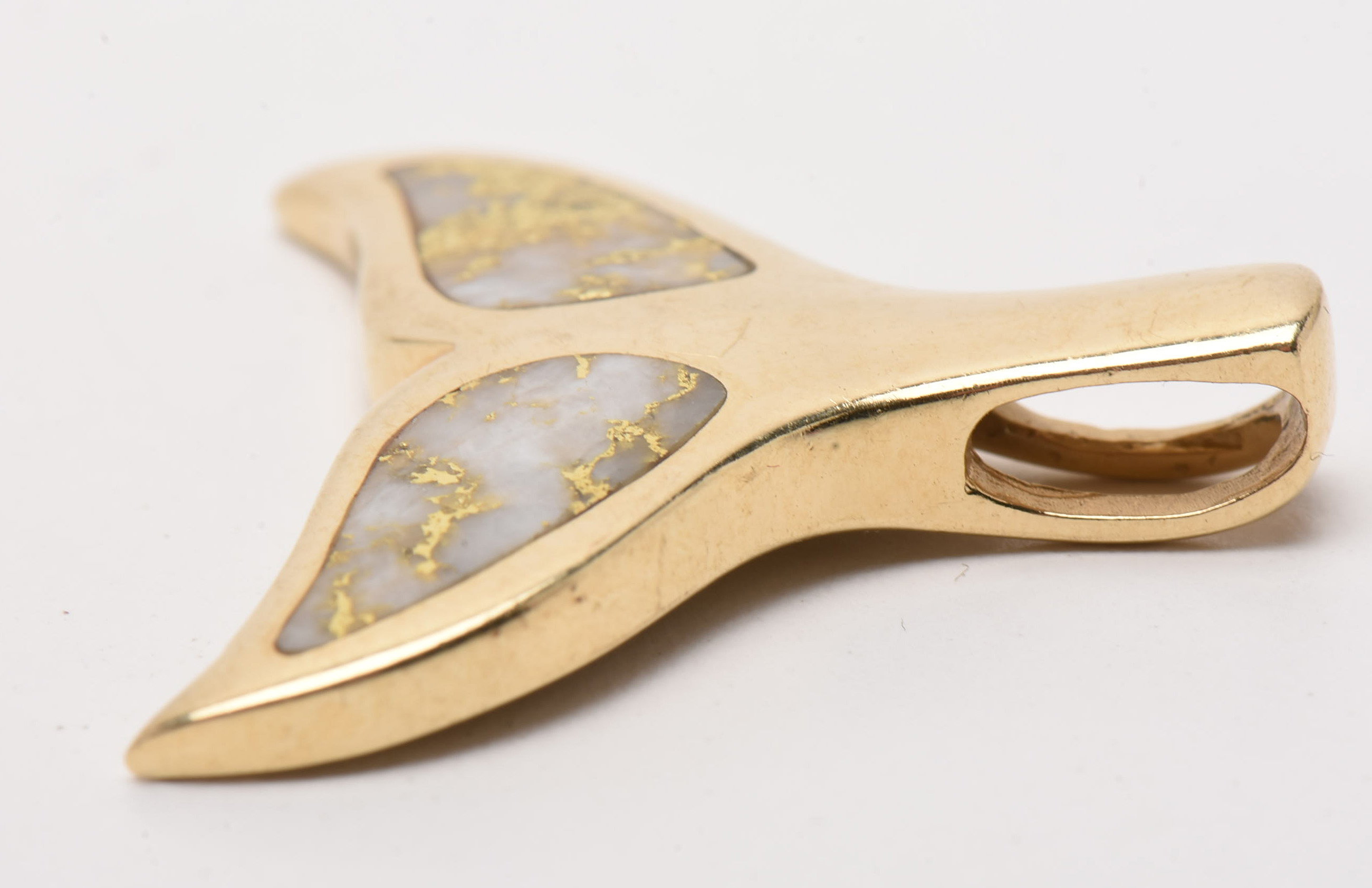 14K Yellow Gold Whale Tail Pendant with Gold Quartz Inlay