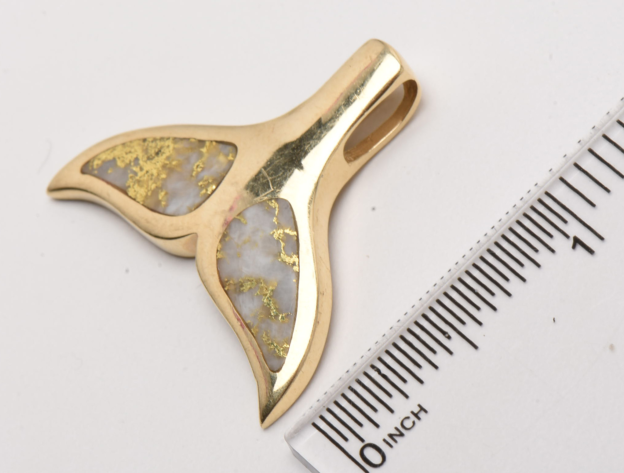 14K Yellow Gold Whale Tail Pendant with Gold Quartz Inlay