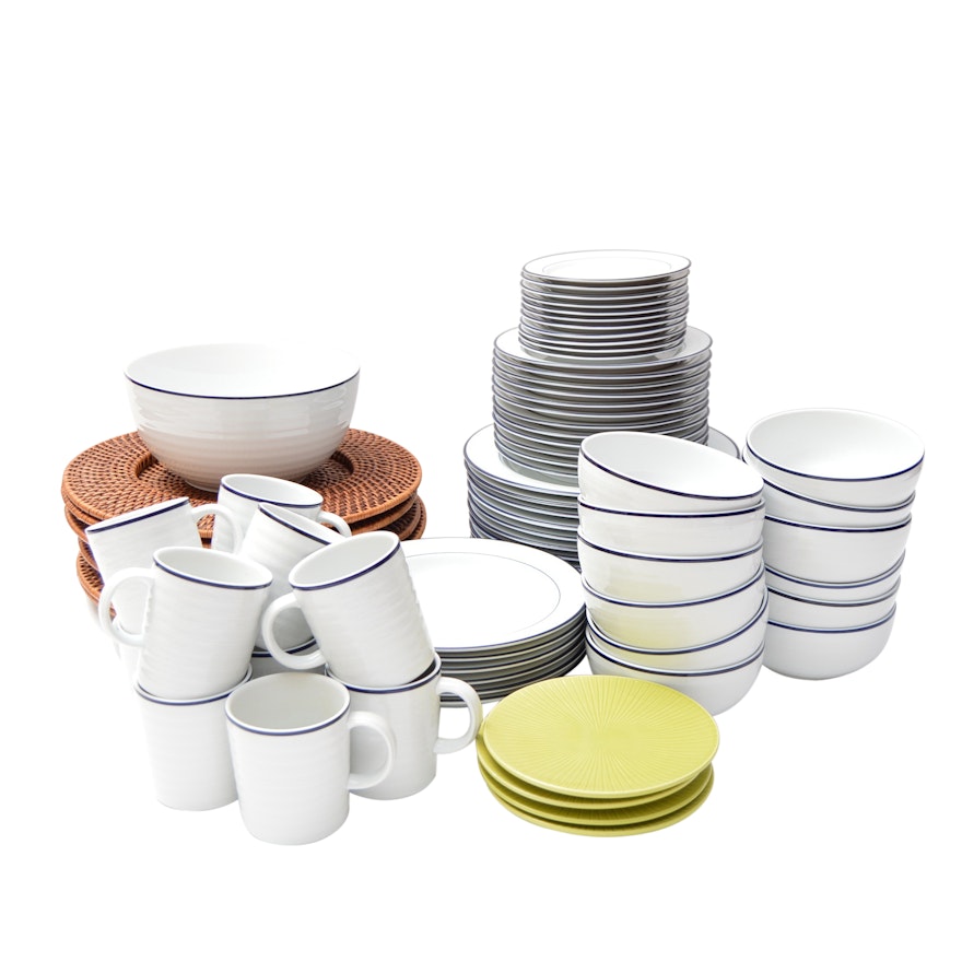 Set of Crate & Barrel Dinnerware with Rattan Chargers