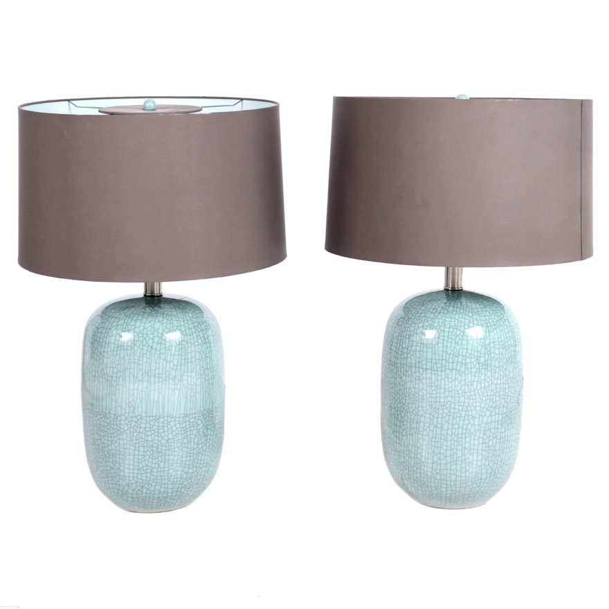 Pair of Crackle Blue Table Lamps with Oversized Shades