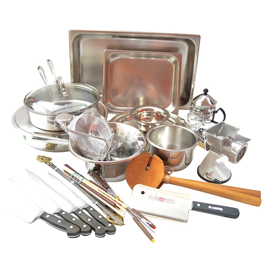 Kitchenware Including All-Clad Cookware, Henckles Knives