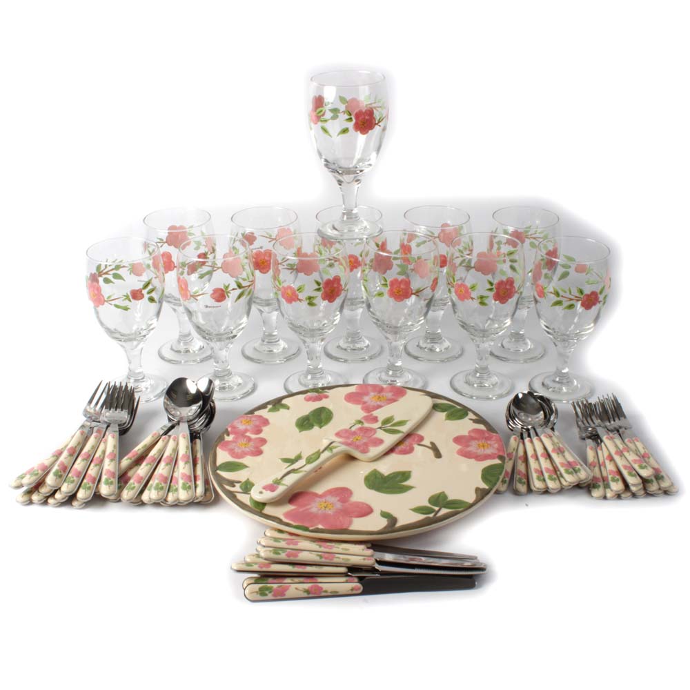 Franciscan "Desert Rose" Flatware, Goblets, and Cake Stand With a Pastry Server