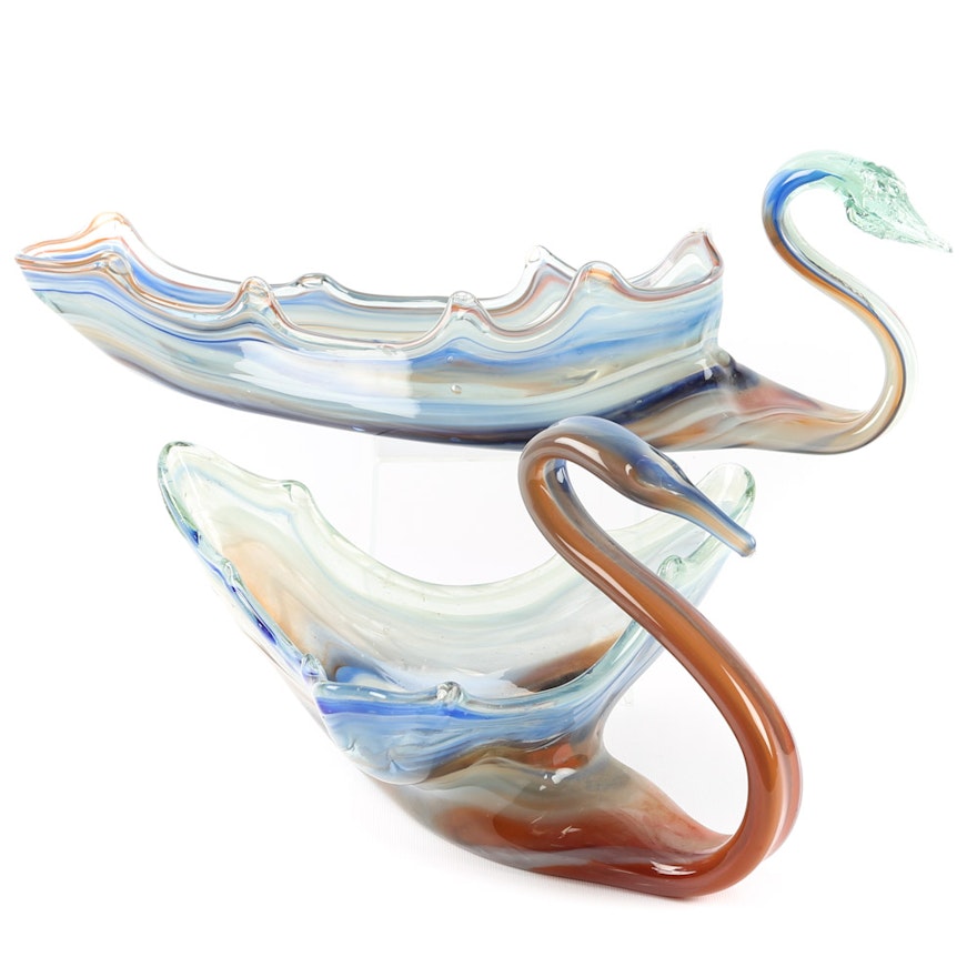 Pair of Decorative Art Glass Swan Bowls