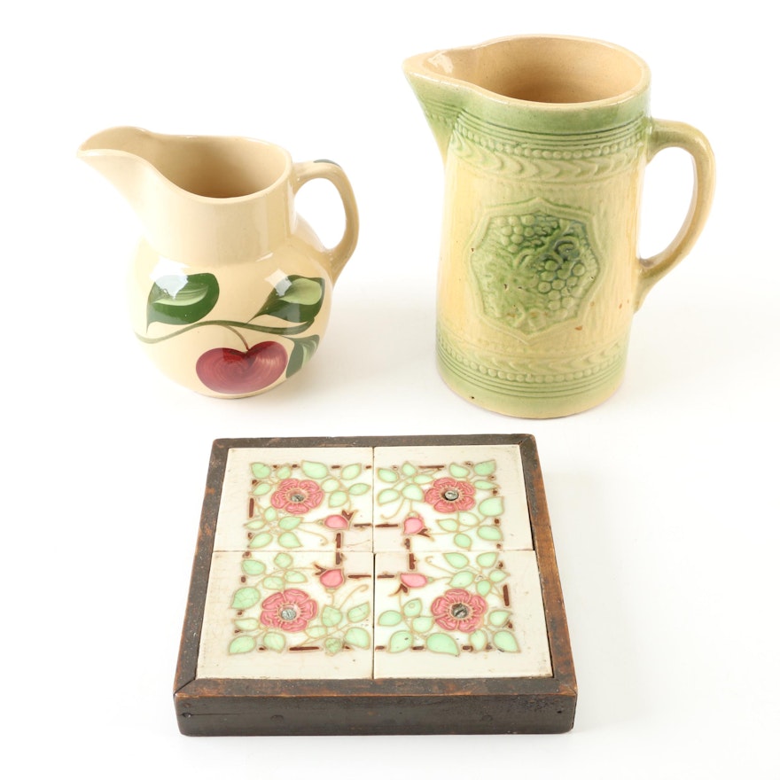 Vintage Ceramic Pitchers and Tile Trivet with Wooden Frame