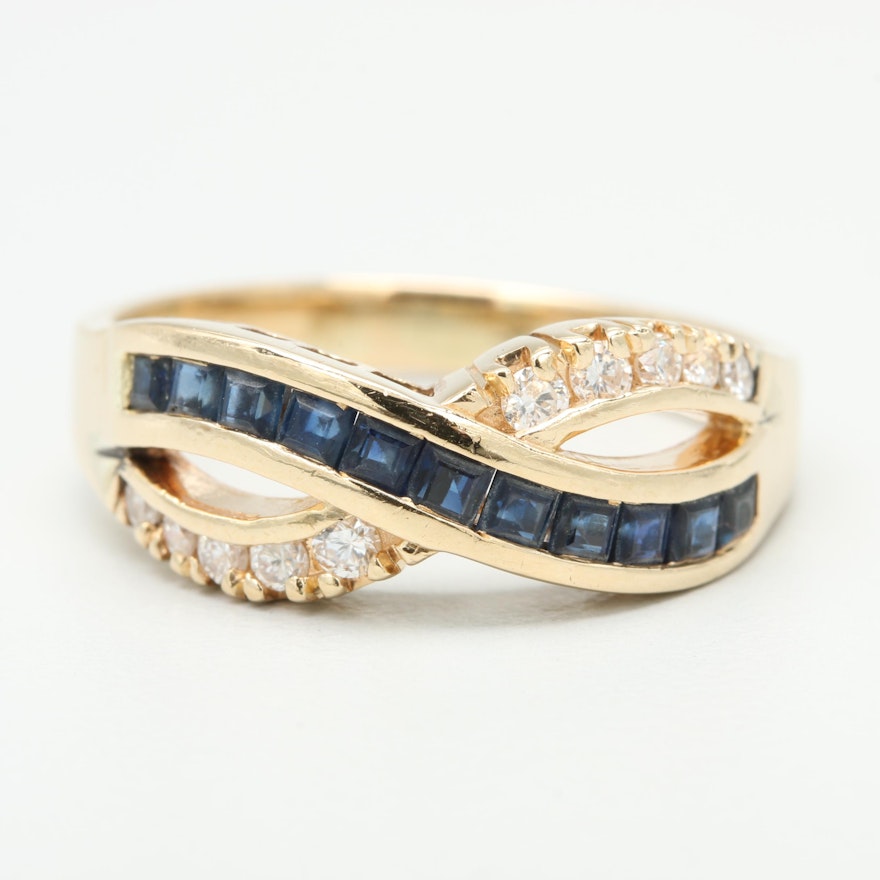 14K Yellow Gold Blue Sapphire and Diamond Ring