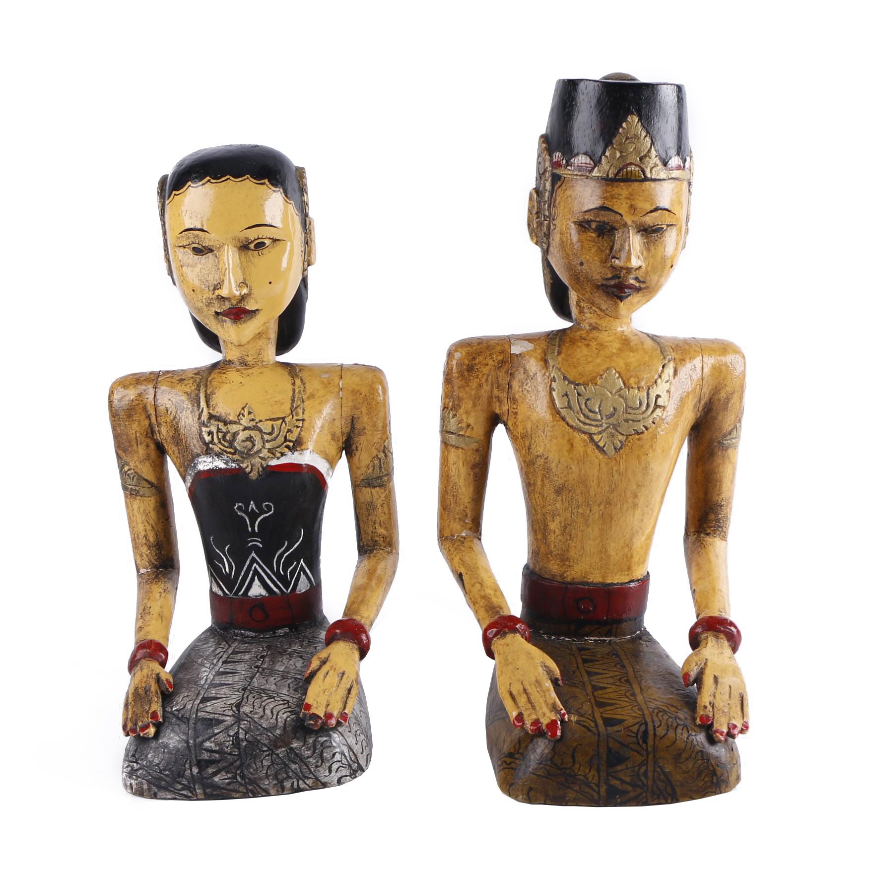 Indonesian Lacquered Bride and Groom Figurines with Gilt Accents