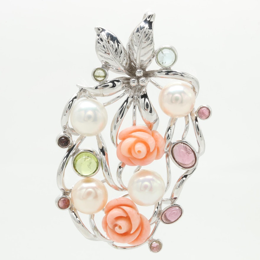 Sterling Silver Gemstone Pendant Including Cultured Pearl, Coral, and Peridot