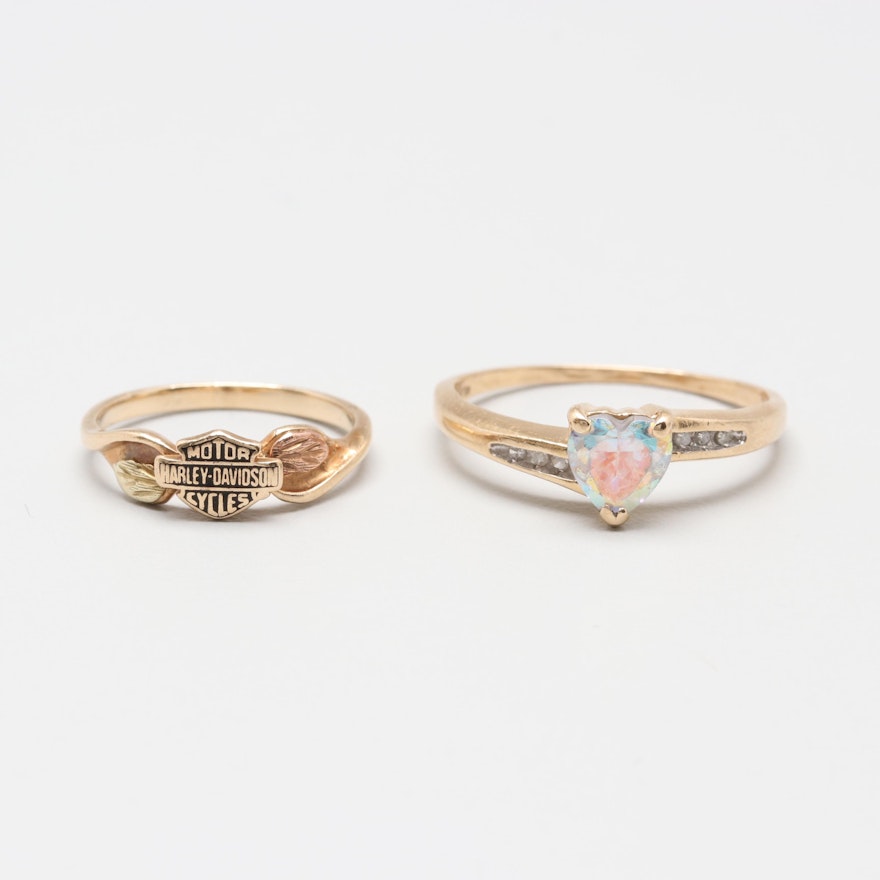 10K and 14K Yellow Gold Glass and Diamond Rings With Harley Davidson