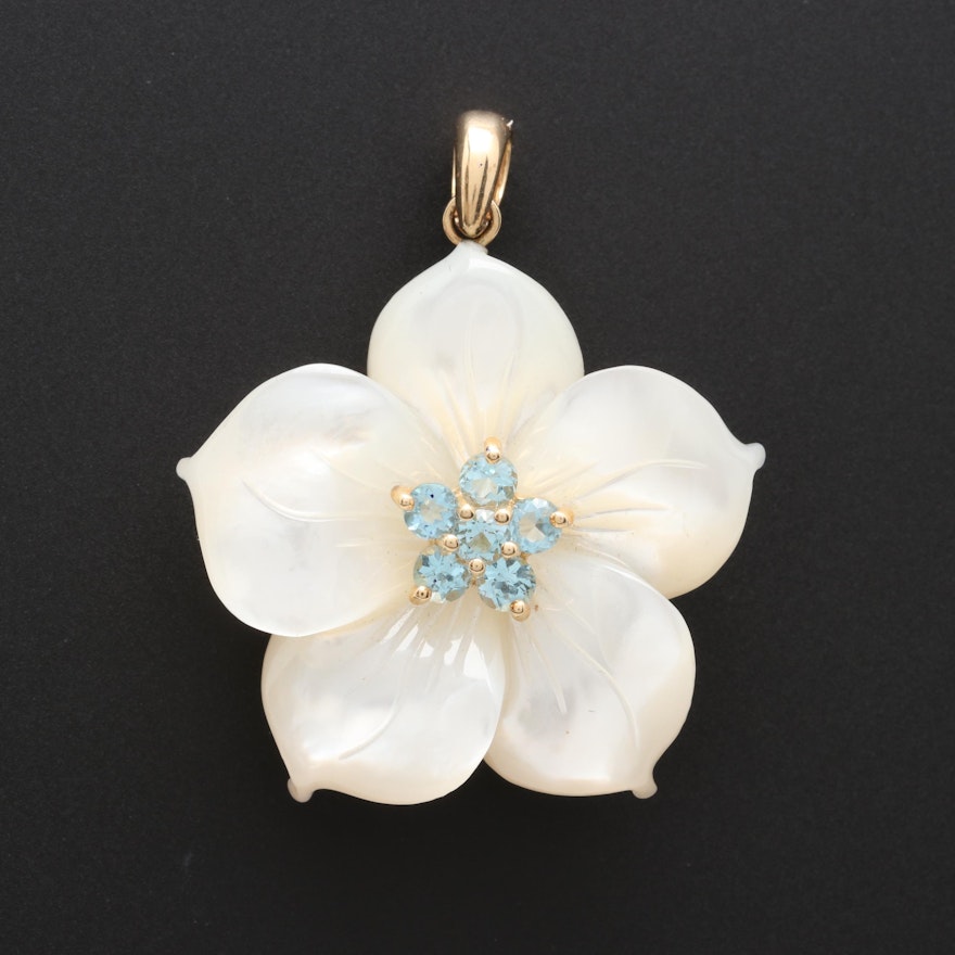 14K Yellow Gold Mother of Pearl and Blue Topaz Pendant