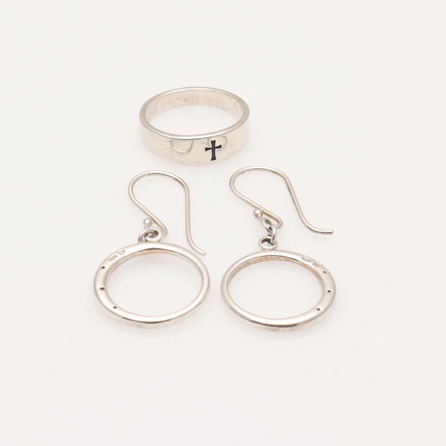 Sterling Silver Diamond Earrings and James Avery Ring