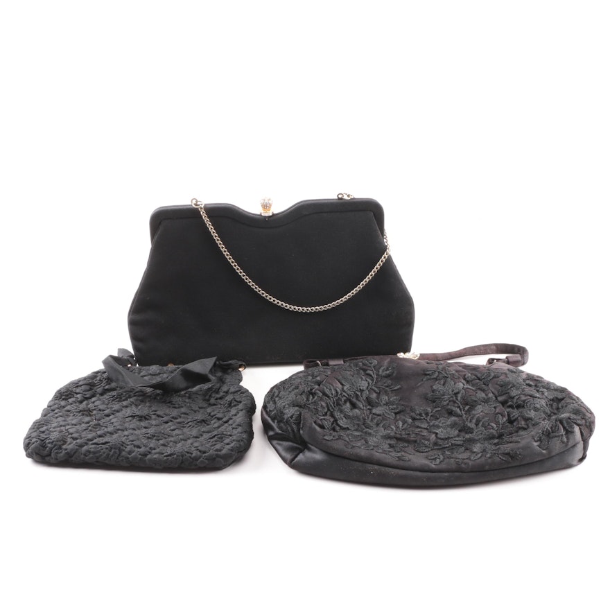 Vintage Black Clutch Evening Bags featuring Satin with Embroidered Florals