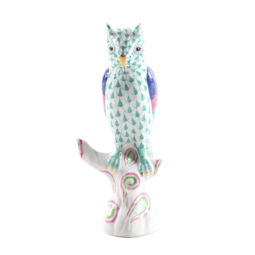Herend Hungary "Owl on Branch" Hand-Painted Porcelain Figurine