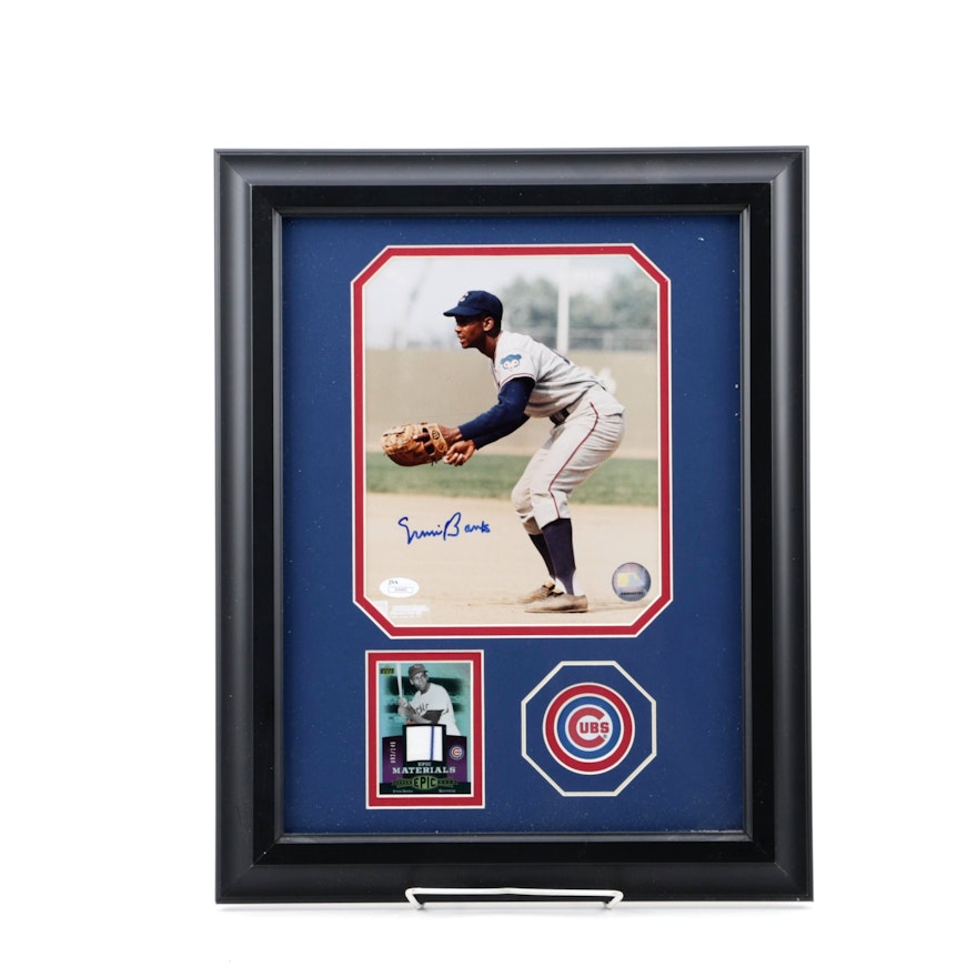 Ernie Banks HOF Autographed Framed Photograph with Game Worn Trading Card - JSA