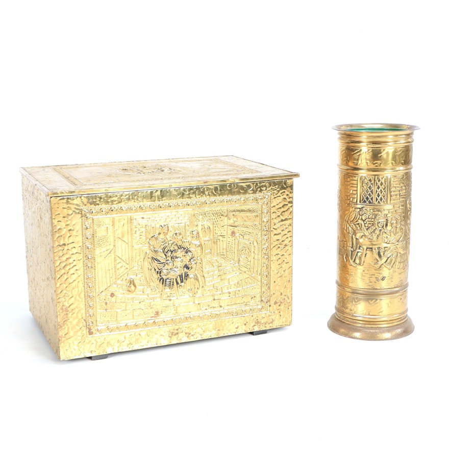 Vintage Umbrella Stand and Storage Chest with Repoussé Genre Scenes