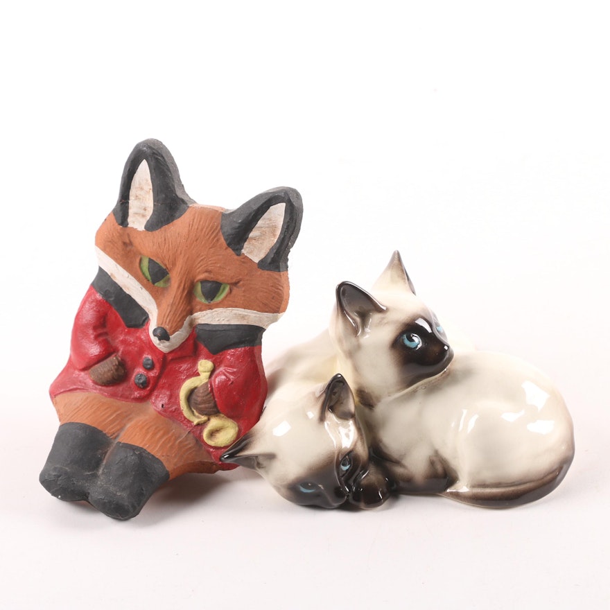 Beswick "Siamese Kittens" Figurine and Hunting Themed Fox Shelf Sitter