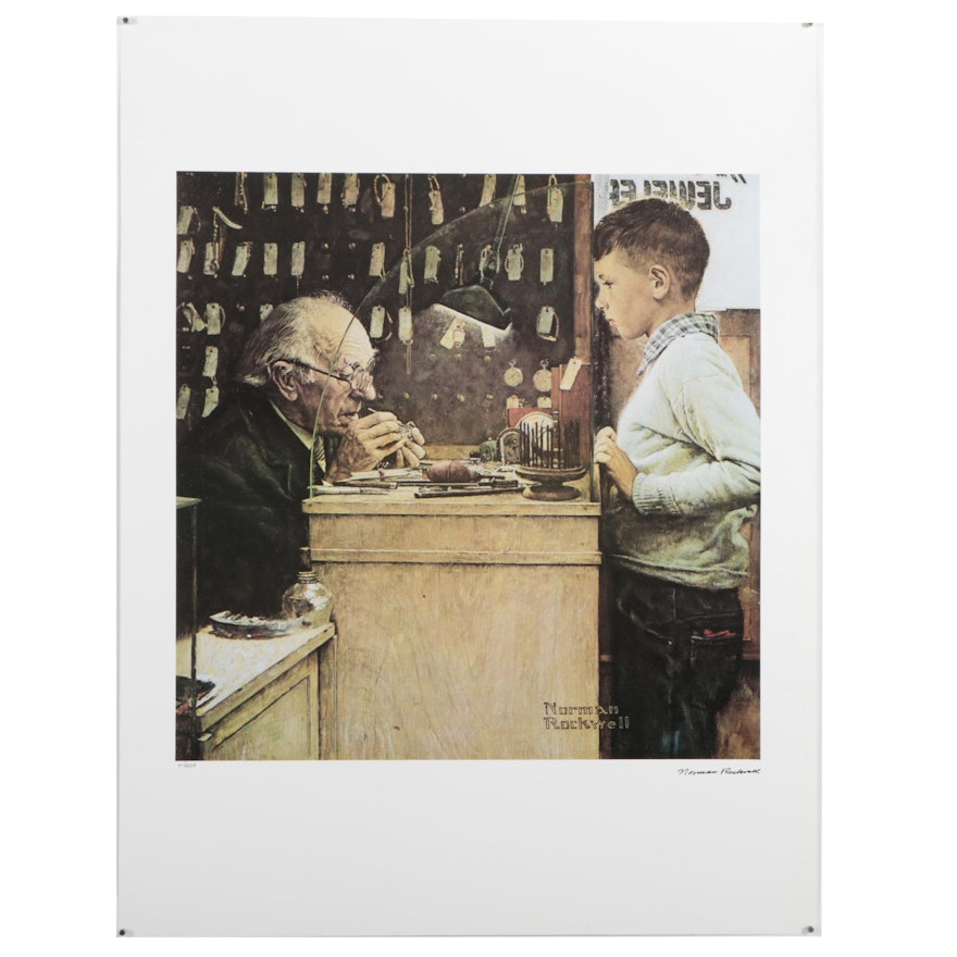 Vintage Offset Lithograph After Norman Rockwell "The Watchmaker"