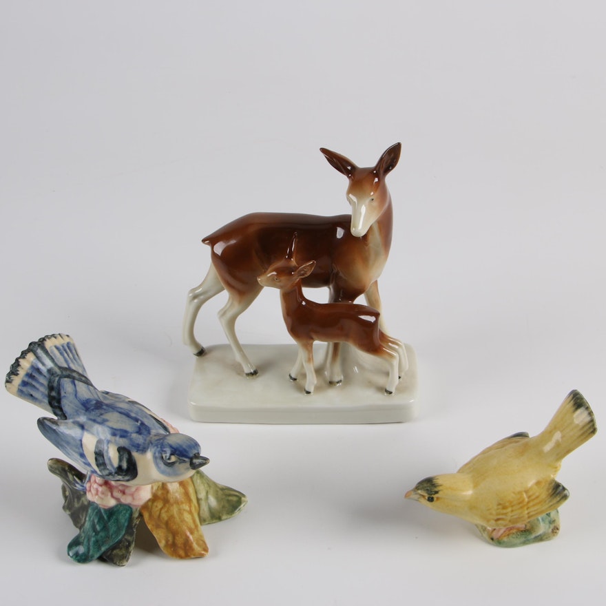 Vintage Stangl Pottery Birds and Lippelsdorf Porcelain Deer Figurines