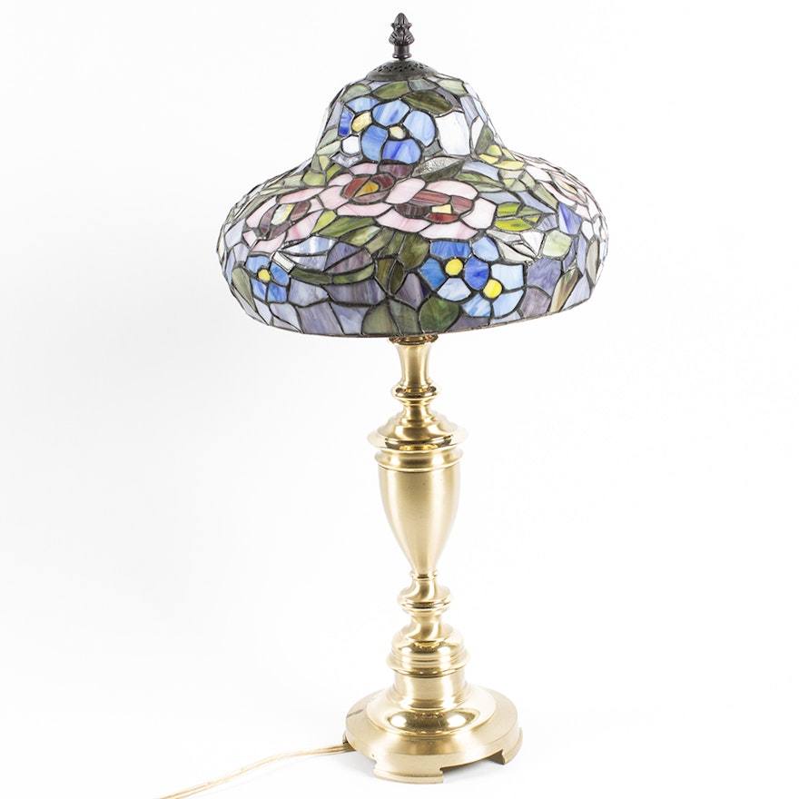 Brass Table Lamp with Tiffany Style Stained Glass Shade