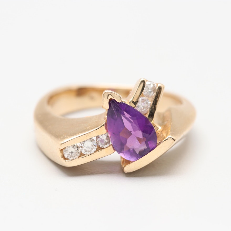 14K Yellow Gold Amethyst and Diamond Abstract Ring