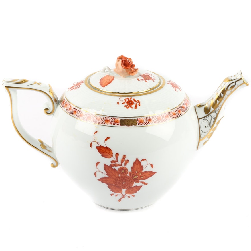 Herend "Chinese Bouquet" Rust Teapot with Rose Finial