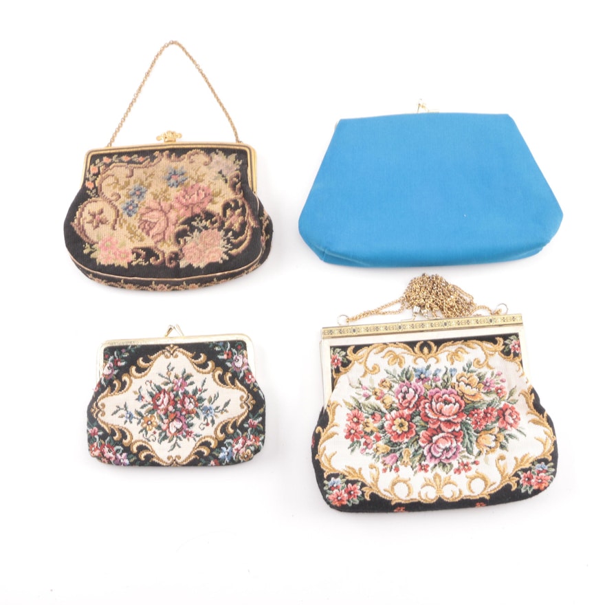 Floral Tapestry Handbags and Coin Purse with Vintage Blue Fabric Clutch