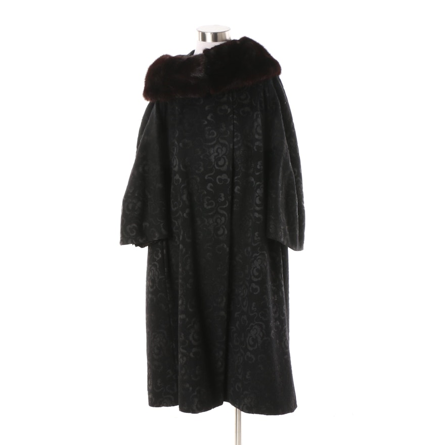 Vintage Blin & Blin Black Floral Stenciled Wool Coat with Mink Fur Collar