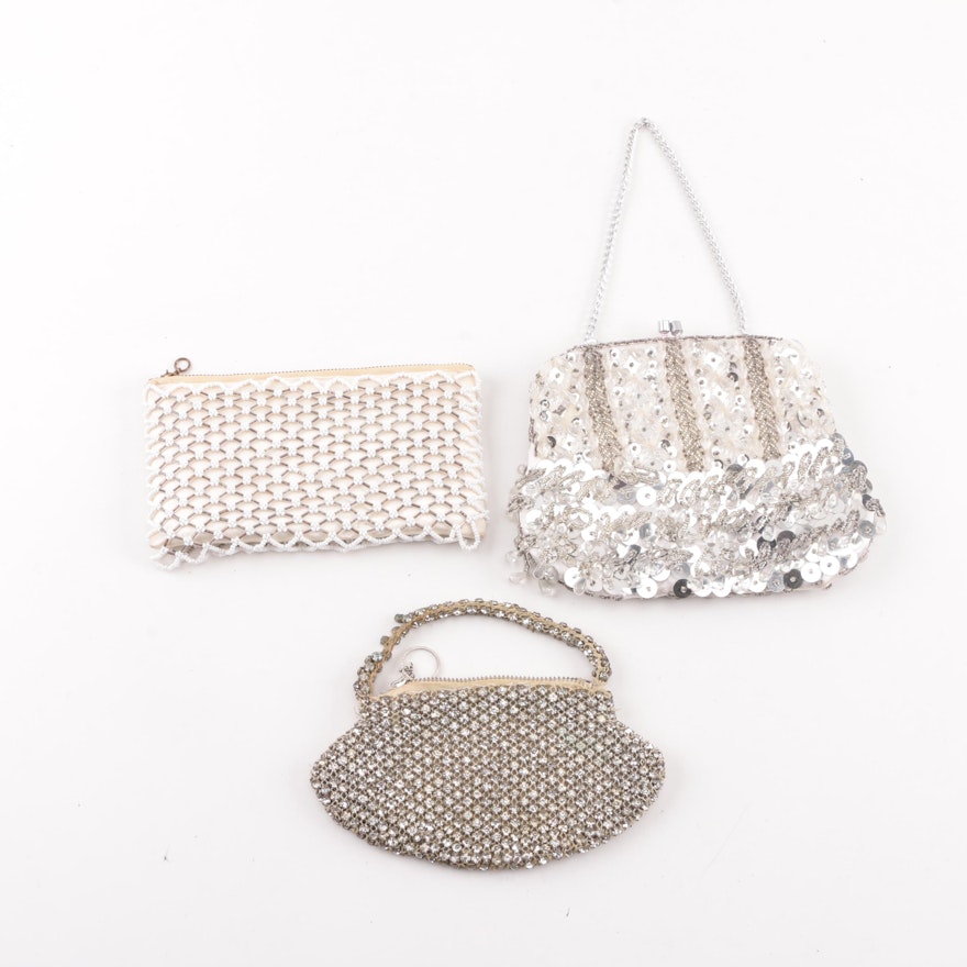 Vintage Silver-Hued Evening Bags featuring Beading, Rhinestones and Sequins