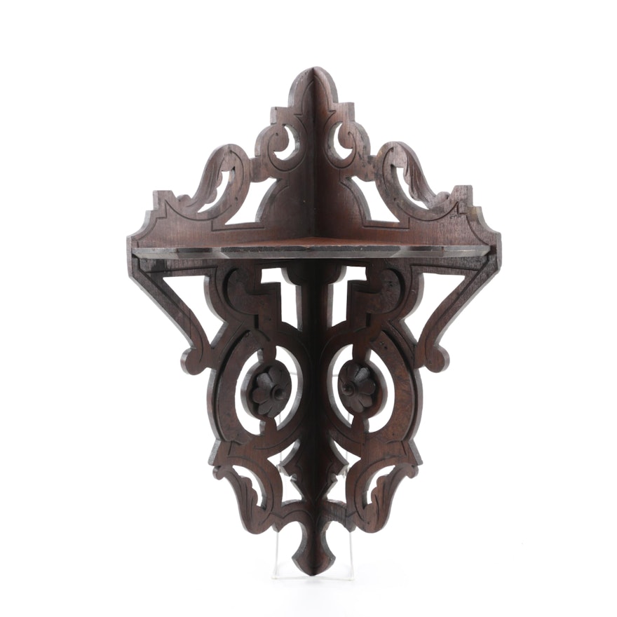 Late 19th Century Openwork Floral Carved Wood Corner Wall Shelf